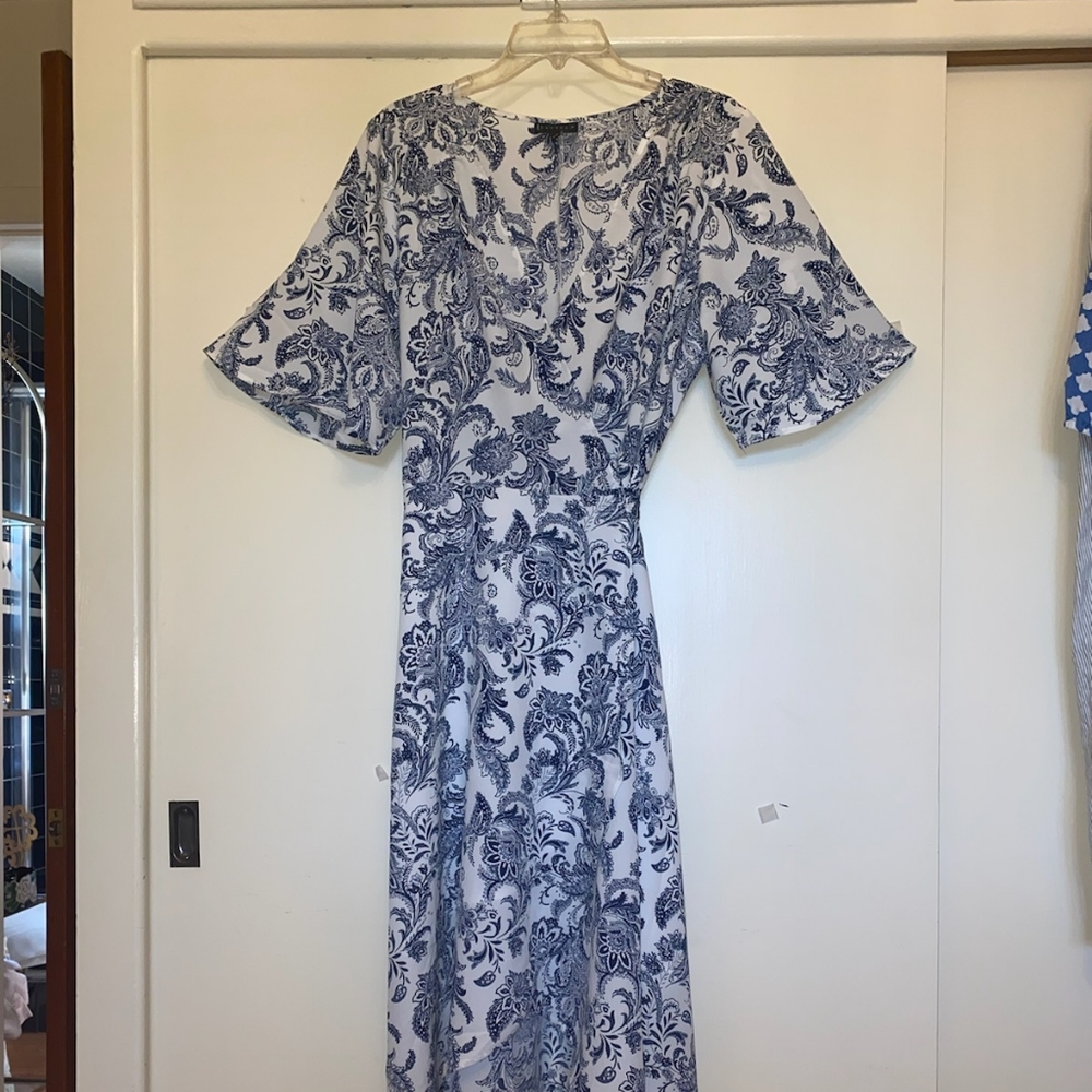 Blue and white wrap dress